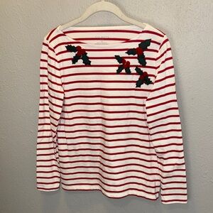 Talbots Holly Berry Christmas Top Red Striped Long Sleeve Women’s Small Petite